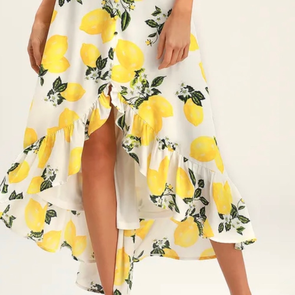 Afternoon Air Yellow Lemon Print High-Low Midi Dress